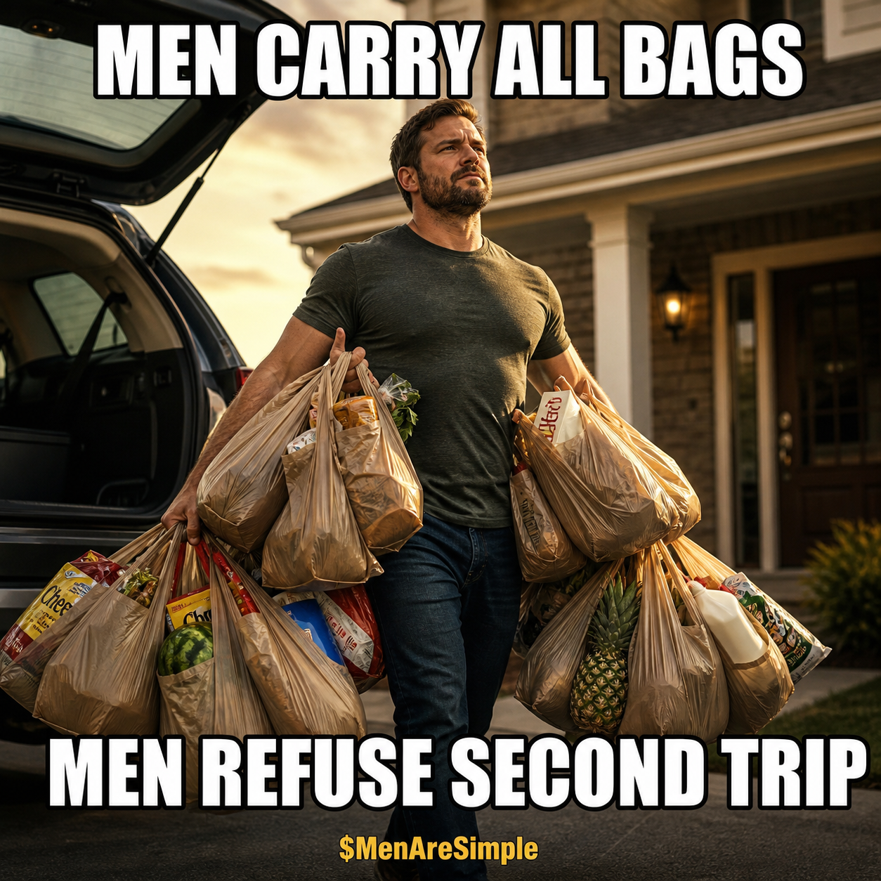 Men carry all bags, men refuse second trip