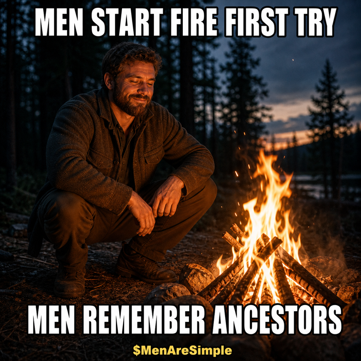 Men start fire first try, men remember ancestors